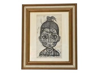 Signed Artist Proof Irving Amen Woodcut Of Young Israeli Girl Titled 'Eyes Of Wonder'