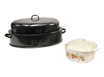 Vintage Savory Enamel Wear Speckled Covered Roasting Pan And Vintage Corning Wear 'Spice Of Life' Covered Dish