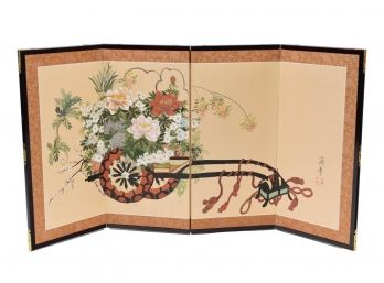 Japanese Showa Period Small Four-Panel Hanaguruma Flower Cart Screen