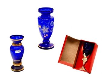 Pair Of Stunning Bohemia Crystalex Czech Republic Cobalt Blue Vases And One Sherry Glass