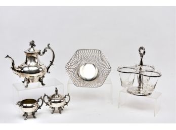 Vintage Silver Plated Swivel Triple Condiment Caddy, Bread Basket, Coffee Pot With Creamer And Sugar Set
