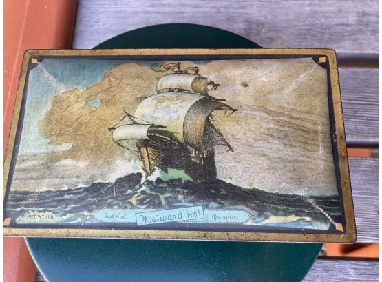 2 All Metal Tins - Westward Ho Tin Has Pictures Of Ships On It The Other Is Green Mathews 1812 House