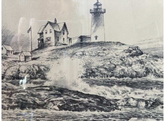 Vintage Sketch Drawing - Print Of Nubble Light House York Maine By JAS F Murray