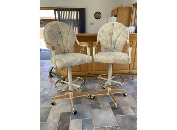 1 Lot Of 2 - 2 Tall Swivel Upholstered Bar Chairs On Wheels Nice Condition