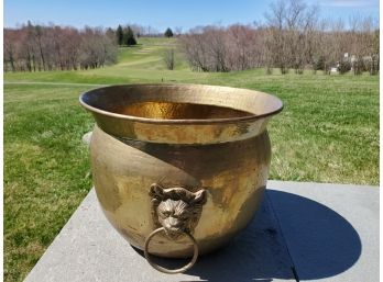 Solid Hammered Brass Kindling Bucket With Lion Ring Handles