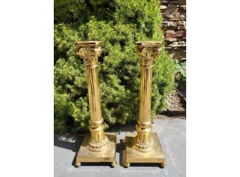 Pair Of Brass Column Candlesticks
