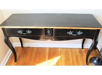 Antique Look Reproduction Console Buffet Table With Black & Natural Wood Distressed Finish