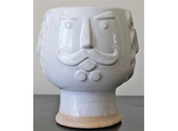 Beige Glazed Stoneware Whimsical Man With Handlebar Moustache Planter Jar