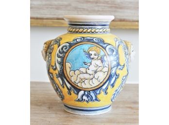 Beautiful Colorful Hand Painted Zeresa Portugal Pottery Vase Urn - Cherub Themed