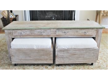 Custom Made In Tiradentes Brazil Wood Whitewashed Distressed Finish Multi Purpose Coffee Table Ottoman Set