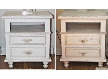 Pair Of Matching Heavy Made In Brazil Wood Whitewashed Distressed Nightstands