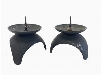 Pair Vintage Cast Metal Candle Holders With Spike