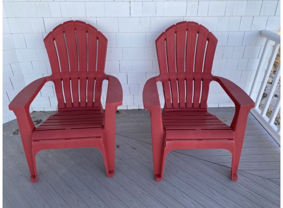 Pair - Red Plastic Adirondack Style Chairs