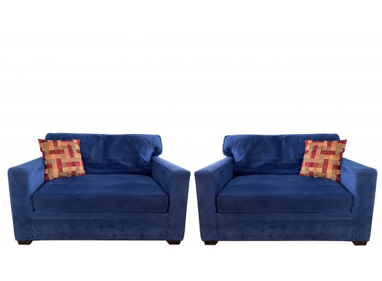 Ballard Design - Pair - Blue Suede Velour Chair & A Half Fold Out Twin Sleepers And (2) Accent Pillows