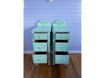 Pair - Shabby Chic Coastal Nightstands On Brass Casters