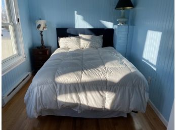 Queen Size - Blue Tufted Fabric Headboard, Frame And With Like New Orion Orion Europa Mattress