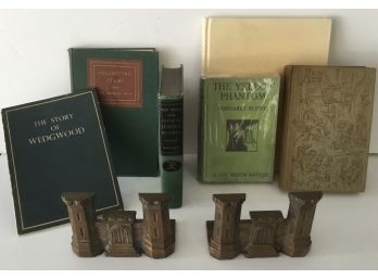PR. Bronze Bookends & 6 Antique Vintage Books
