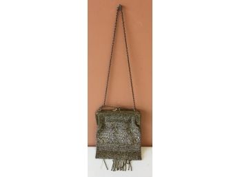 Antique Mesh Bejeweled Bag With Fringe