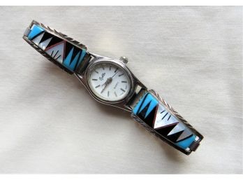 Sterling Silver Inlaid Turquoise Stretch Bracelet Watch