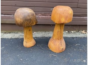 A Pair Of Carved Wooden Mushrooms