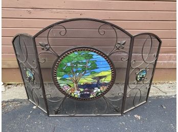 Folding Faux Stained Glass Fireplace Screen