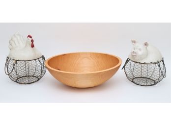 HOLLAND BOWL MILLS Solid Cherry Nesting Bowl Retail $249 With Terracotta Egg Baskets