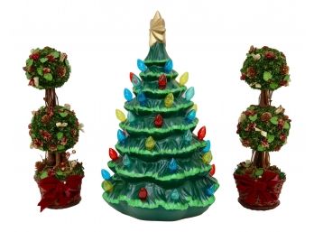 CRAKER BARREL Ceramic Lighted Tree And Faux 3 Ball Topiaries
