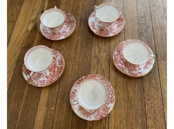 Set Of 5 Vintage Royal Crown Derby ~ Red Aves ~ Cups And Saucers