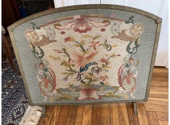 Incredible Antique Needlepoint Bird Of Paradise Fireplace Screen