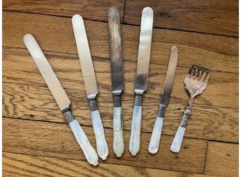 Antique Mother Of Pearl Dinner Knives And Servers Lot