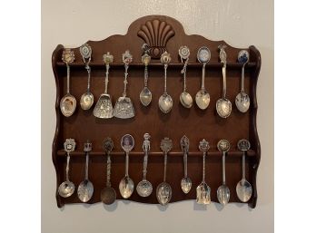 Awesome Souvenir Spoon Lot With Display Shelf