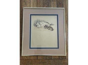 Nice Framed Vintage Print Of Bulldog And Friend Signed