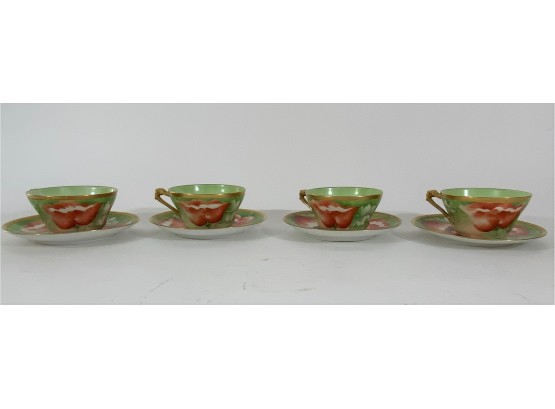 Set Of Four Coronet Limoges Hand-painted Cups & Saucers