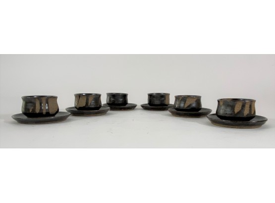 Set Of 6 Signed Stoneware Cups & Saucers