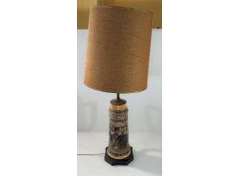 Vintage German Stein Mounted As A Lamp With Burlap Shade