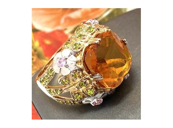 925 Sterling Silver 11x11mm Citrine & 0.35ctw Peridot & Pink Topaz Ring Size 5.5