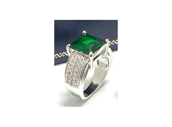 Fashion Square Shaped Emerald & CZ Cocktail Ring With White Gold Overlay Size 6