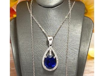.925 Sterling Silver 3.0ctw Created Blue & White Sapphire Necklace