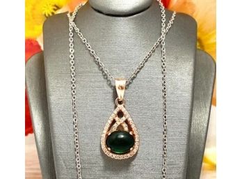 925 Sterling Silver, 1.50ctw White Sapphire & Cabochon Emerald Necklace