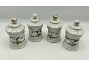 4 Antique Apothecary Jars ~ Cocaine, Heroin, Arsenic & Morphine ~