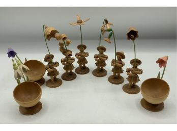 6 Vintage Miniature Erzgebirge Natural  Wood People W/3 Wood Egg Cups