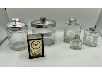 3 Pc. Set Of Etched Bottles With Screw Tops, Apothecary Glass Jars & Antique Clock Made In Germany
