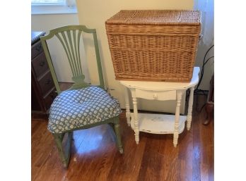 Green Painted Rocking Chair, Large Wicker Basket & White Painted Table