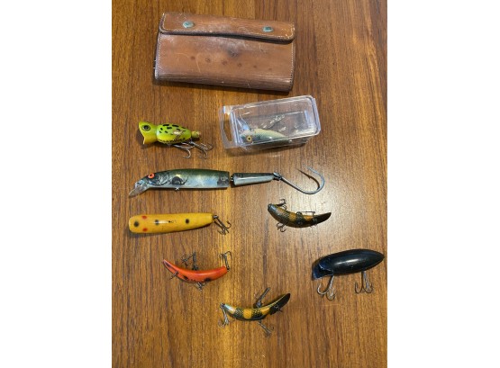 Vintage Fly Fishing Lot, Lures,Flies And Leather Pouch