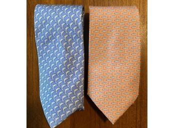 Men's Vineyard Vines 100  Silk Handmade Ties Lt Blue With Dolphins & Salmon Color With Blue Fish