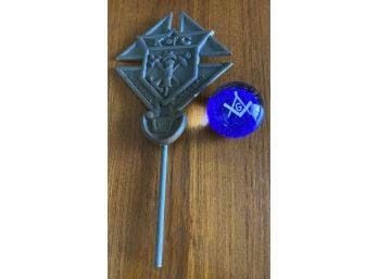 Vintage Knights Of Columbus Metal Grave Marker And Masonic Glass Paper Weight