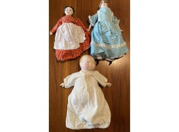 Vintage Hand Painted Ceramic And Cloth Doll Lot Two Girls And A Baby Doll