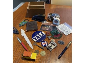 Vintage Box Lot Desk Items, Toy Car,Buttons, Wood Box And More