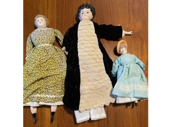 Vintage Hand Painted Ceramic & Fabric Doll Lot Three Dolls