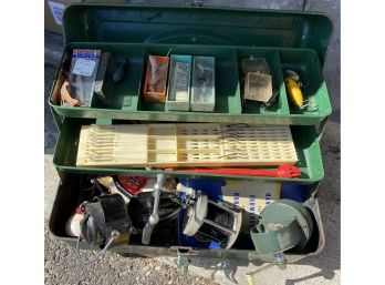 Vintage Fishing Box With Fishing Lures,Flies,Reels And More